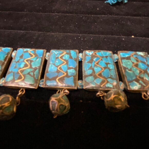 Vintage Bohemian Blue & Gold Gypsy Choker Necklace With Beaded Pendants - Picture 15 of 16